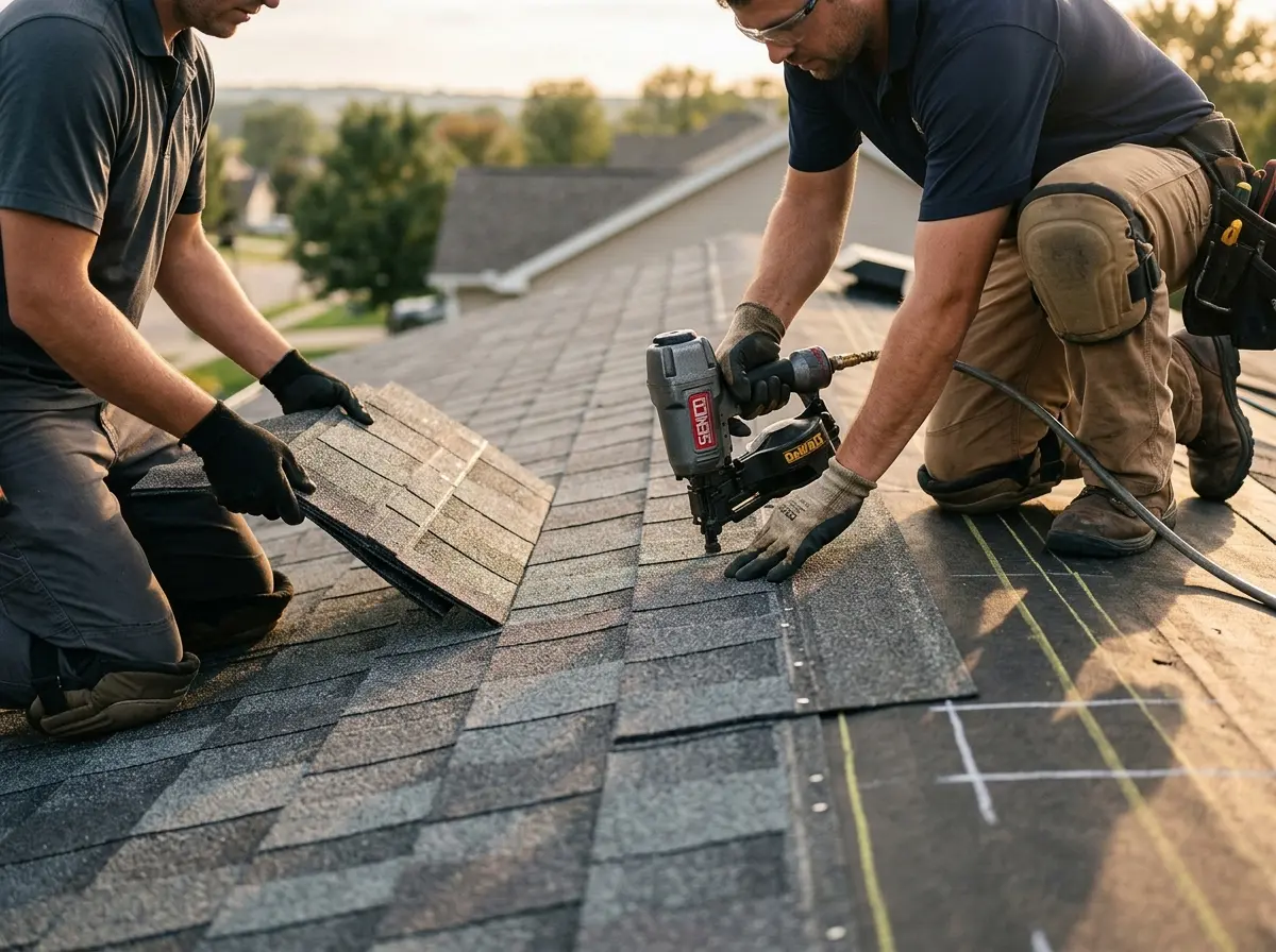 Professional roofer working on a residential roof in Bellview